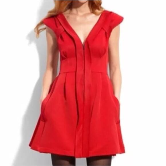 Nanette Lepore Dresses & Skirts - Nanette Lepore Red zip pleated cocktail Dress pockets 6 Wedding Guest mobwife